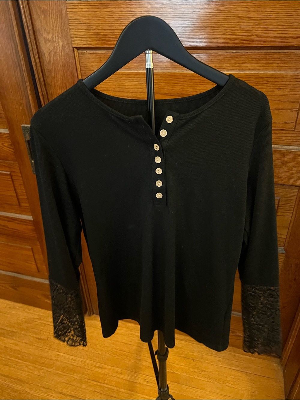 Black Lace-Cuff Henley Long Sleeve Top - Women